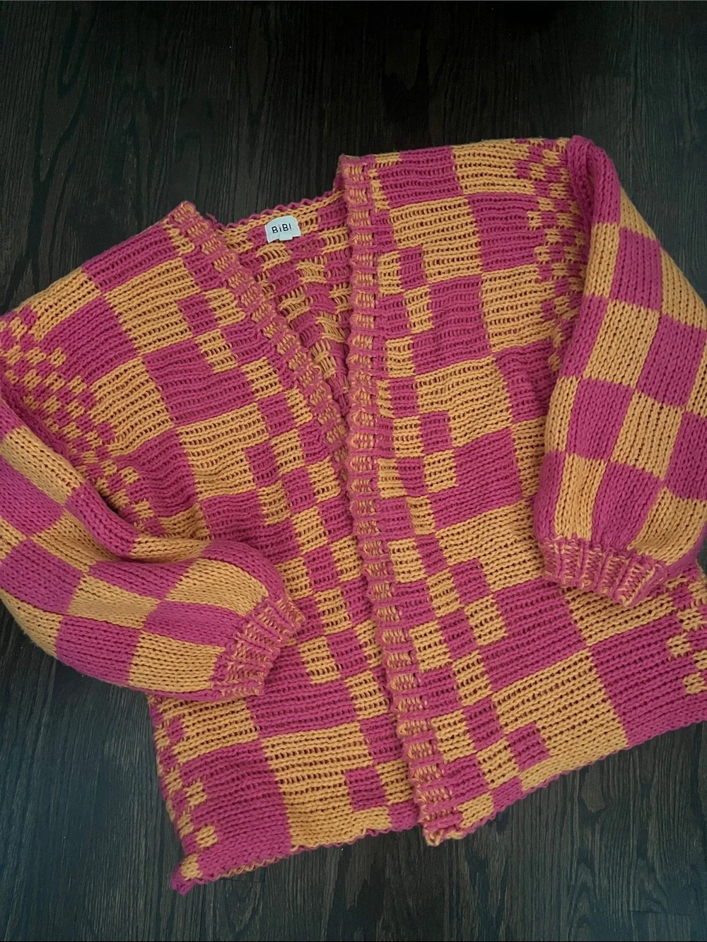 BiBi Pink & Burnt Orange Checkered Chunky Knit Cardigan oversized size S - Picture 1 of 7